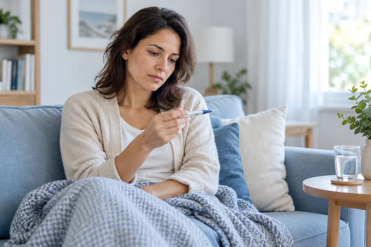 An adult at home checking a digital thermometer
